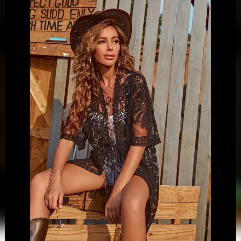 393.Bohemian Embroidered Lace Oversized Kimono Cardigan In One Size - Picture 2 of 4